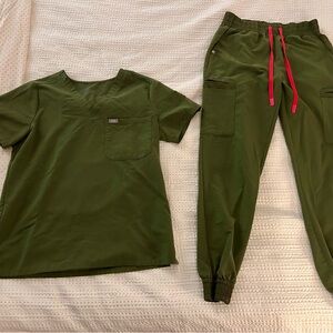 Figs Olive Green Jogger Cargo Scrub Set with Pink Accents